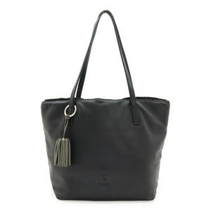 Loewe Anagram Fringe Tassel Handbag Tote Bag Nappa Leather Black
